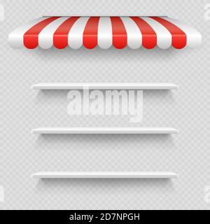 Empty white shop shelf under striped white and red sunshade vector isolated on transparent background. Awning market shop, striped cover illustration Stock Vector