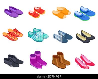 Shoe isometric. Slippers sports footwear sneakers male and female shoes, boots 3d isolated footwears icons set. Illustration of boot and shoe, footwear with shoelace Stock Vector