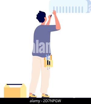 Air conditioner repair. Man technician doing maintenance air conditioners. AC home fixing, house conditioning service vector concept. Illustration of man repair conditioner, install or fix Stock Vector