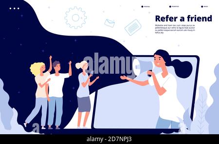 Refer a friend. People shouting on megaphone friendly buzzing, friends business reference landing page vector template. Illustration of reference friend, megaphone recommend use network Stock Vector