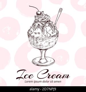 Sketch of ice cream in glass bowl vector illustration. Ice cream sketch with fruit Stock Vector