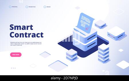 Smart contract concept. Digital signature document smart contracts finance data cryptography contractor agreement vector landing page. Illustration of signature smart contract document for business Stock Vector