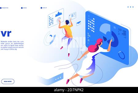 Virtual reality concept. Vr people digital mobile futuristic entertainment augmented reality interface gadget virtual vector landing. Illustration of virtual reality, gadget for vr Stock Vector