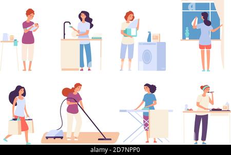 Housewives. Woman housewife doing housework, happy mother cooks in kitchen, ironing and cleaning, vacuuming. Cartoon vector characters. Illustration of housewife mother, housework cooking and wash Stock Vector