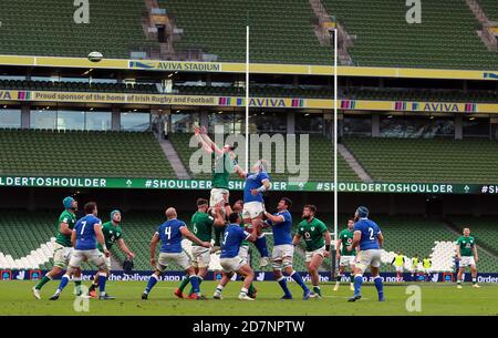 Ireland’s James Ryan wins a line out in front of empty stands during the 6 Nations match at the Aviva Stadium, Dublin. Stock Photo