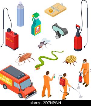 Pest control isometric. Insect fumigation rodent poison exterminator specialist 3d sanitary disinfection pest disinfectant vector set. Illustration of pest and cockroach, protection service control Stock Vector