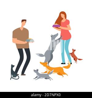 Volunteers and homeless dogs and cat vector illustration. Adoption and help pets dog and cat Stock Vector