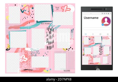 Inspired by instagram grunge vector social media puzzle template design. Illustration of social media frame, phone grunge frame pictures Stock Vector