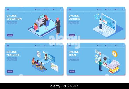 Online education isometric vector concept pages. Online exam, training, courses landing page set. Illustration of isometric training and studying, landing page online course Stock Vector
