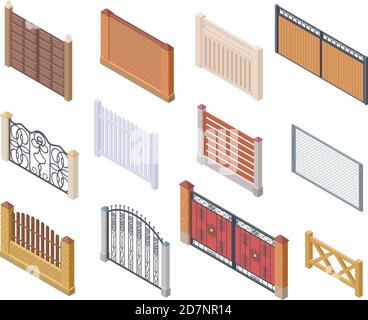 Isometric fence. Gates and farm garden wired security fences metal lattice 3d vector isolated collection. Architecture gate, fence and wall illustration Stock Vector