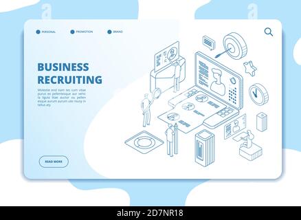 Recruitment agency landing page. Candidate and employer, human resources online recruitment and hiring 3d isometric vector concept. Recruitment and hiring online, technology management illustration Stock Vector