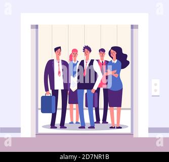 People elevator. Lift persons standing woman man group inside elevators office interior with open door business vector concept. Illustration of people in elevator, man and woman inside lift Stock Vector