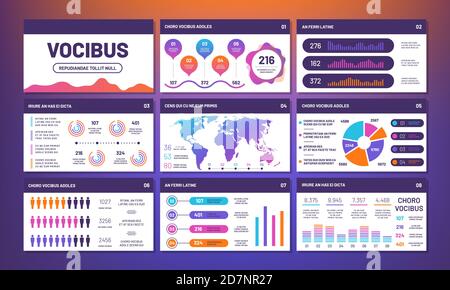 Modern infographics presentation template vector. Info charts, pies, comparative graphs. Statistic and infochart rate, website infographic illustration Stock Vector