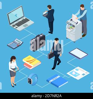 Office equipment, office workers isometric vector concept. Illustration of people woman and man employee Stock Vector
