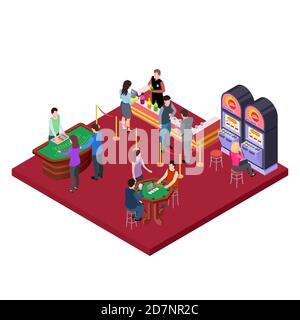 Casino interior with bar area isometric vector concept. Illustration of casino gambling isometric Stock Vector