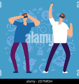 Cartoon character men with virtual reality glasses vector illustration. Reality glasses, game and headset futuristic Stock Vector