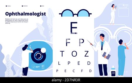 Ophthalmology landing. Ophthalmologist checks patient sight. Eyes test new technology. Eye care ophthalmological vector concept. Illustration vision and optometry test examination Stock Vector