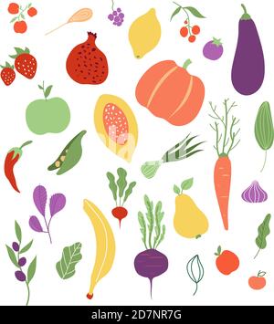 Vegetables fruit. Fruits vegetable food healthy logo vegetal meal clipart isolated set. Vector pumpkin and lemon, pea and banana, beet and carrot illustration Stock Vector