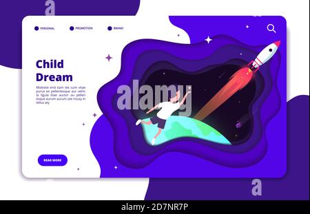 Child dreams concept. Kids imagination with space travelling boy and earth and space shuttle rocket in night sky vector landing page. Space dream exploration, kids adventure spacecraft illustration Stock Vector