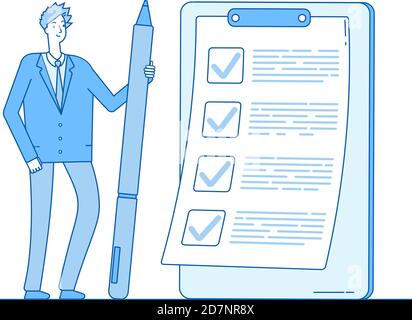 Checklist businessman. Person holding pencil at task list on clipboard. Complete questionnaire exam inspection vector concept. Illustration of checklist on clipboard for business Stock Vector