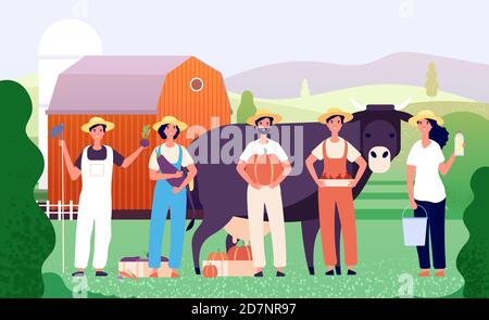 Farmers group. Agricultural workers, farmer team standing together with fresh farm food in field. Agriculture vector cartoon concept with cow and barn Stock Vector