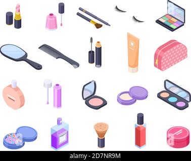 Isometric cosmetics. Cosmetic product bottle eyeshadow brush blush powder mascara makeup perfume pack balm. Beauty 3d vector isolated. Bottle and pack container for cosmetic illustration Stock Vector