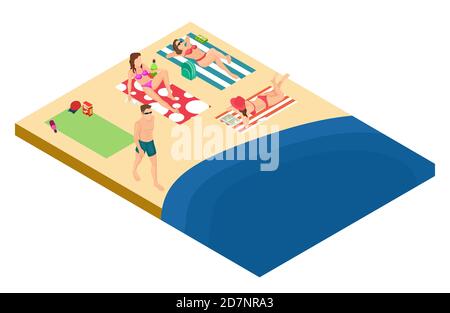 Man and women rest on the beach isometric vector design. Illustration of isometric tourism on beach Stock Vector