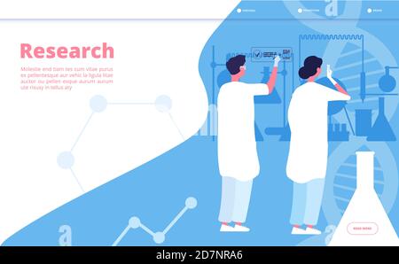 Research lab landing. Researcher chemist doing clinical test in chemical laboratory. Pharmaceutical scientific vector concept. Scientist education, chemist research in lab illustration Stock Vector
