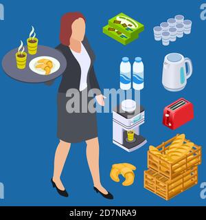 Coffee shop waiter, milk, bread, bakery products isometric vector elements. Illustration of coffee and food breakfast Stock Vector