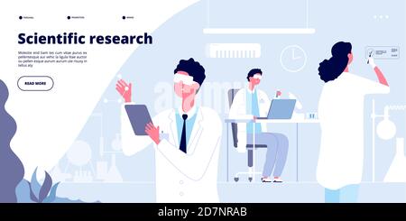 Scientific research landing. Students in white coat, chemical researchers doctors with lab equipment. Molecular engineer vector page. Laboratory scientist research experiment illustration Stock Vector