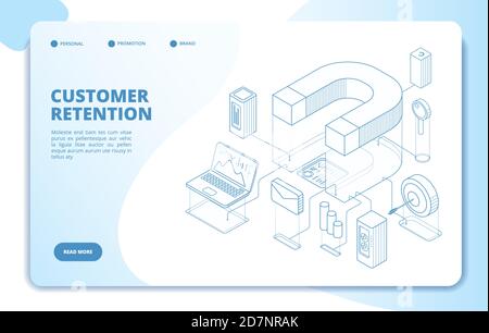 Customer retention landing page. Client loyalty and branding marketing, customers relationship. Magnetic business vector 3d concept. Service customer retention, reputation optimization illustration Stock Vector