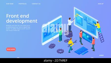 Front end development. Isometric interface development landing page. Vector site construction, web design banner template. Web development application, computer isometric coding illustration Stock Vector