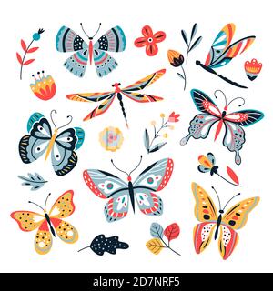 Butterfly on flowers. Insect dragonflies butterflies moth and flower hand drawn, sketch vector isolated set. Butterfly and dragonfly illustration Stock Vector