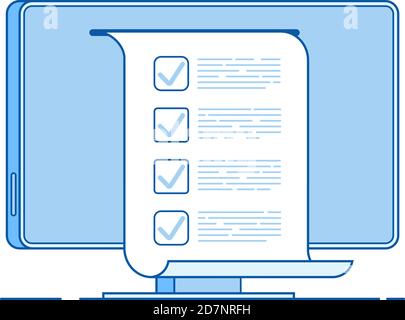 Online test. Computer quiz form on pc screen. Online checklist testing digital exam questionnaire result voting vector line concept. Illustration of test exam questionnaire, quiz online Stock Vector