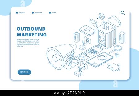 Customer outbound marketing. Digital media online permission market, social media crm and interruption vector isometric landing page. Digital media promotional, content promo web site illustration Stock Vector