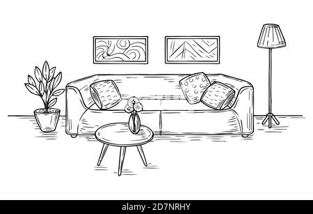Sketch living room. Sofa, lamp and pictures on wall house furniture contemporary apartment drawing room interior sketch vector concept. Furniture sofa, house interior living room illustration Stock Vector