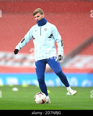 Chelsea's Timo Werner warms up before the Premier League match at Old Trafford, Manchester. Stock Photo