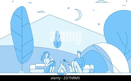 Hiking people camping. Tourists in summer camp. Tripping family nature, campers on vacation. Persons at campfire. Vector line concept camping girlfriend and boyfriend, recreation tourist illustration Stock Vector