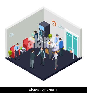 Vector isometric office lobby with security. Business people meet in lobby. Illustration of isometric interior office room, building inside Stock Vector