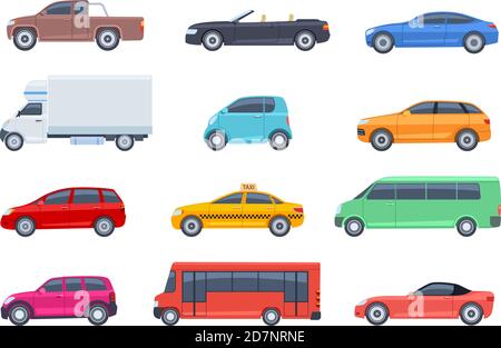 Flat cars set. Taxi and minivan, cabriolet and pickup. Bus and suv, truck. Urban, city cars and vehicles transport vector flat icons. Cabriolet and truck, car and bus, automobile pickup illustration Stock Vector