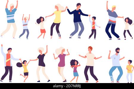 Dancing parents with kids. Happy children dad and mom dance family woman man child dancers. Isolated vector cartoon characters. Family dance together, performance disco characters illustration Stock Vector