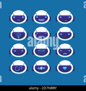 Chatbot avatar. Chat bot head with different emotions and symbols on face. Ai chatbots vector set. Illustration of chatbot and emotion bot, emoticon message communication Stock Vector