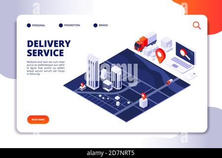 Isometric delivery concept. Logistic truck and shipping service mobile phone app. Vector landing page. Illustration of delivery service isometric page Stock Vector