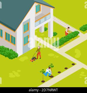 Isometric rural house and gardeners vector concept. Rural house building, countryside outdoor illustration Stock Vector