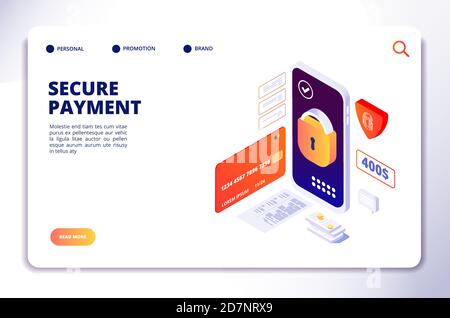 Secure payment isometric concept. Mobile online security cash payments, smartphone banking protection app. Landing vector page. Smartphone payment, cash app isometric illustration Stock Vector