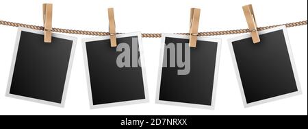 Retro photo frames hanging on rope isolated on white background vector illustration. Photo picture for album, empt photograph Stock Vector