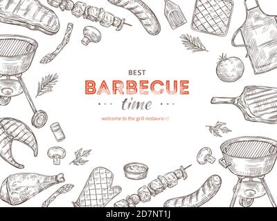 Vintage bbq poster. Barbeque doodle grill chicken barbecue grilled vegetables fried steak meat picnic summer party vector invitation. Illustration of summer barbecue meat, grill chicken and steak Stock Vector