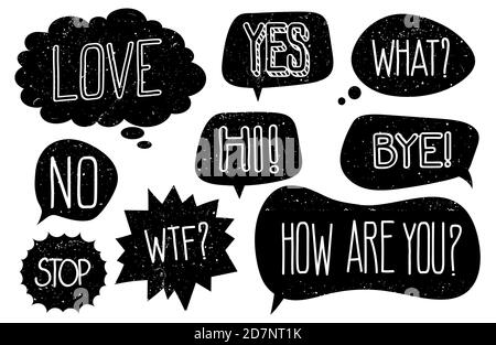 Grunge speech bubbles with hand drawn text vector set. Illustration of bubble with text, dialog speech message Stock Vector