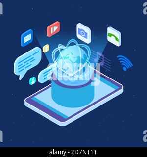 Worldwide social network vector isometric concept. Global social networking applications illustration. Communication worldwide, app web for smartphone Stock Vector