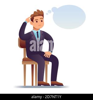 Thinking man. Scratching businessman sitting on chair with empty thinking bubble. Worried man in doubt vector illustration. Male think sit on chair isolated Stock Vector